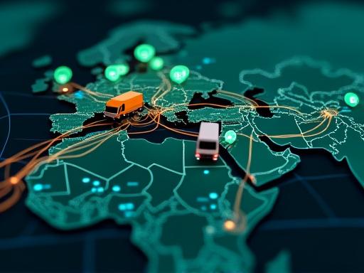 地図上に最適な配送ルートとトラックの動きが示されたロジスティクス管理画面。